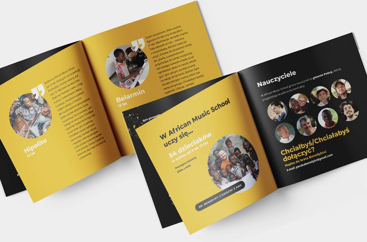 Broszura African Music School – rozkładówki z historiami uczniów i zdjęciami nauczycieli, w żółci i czerni