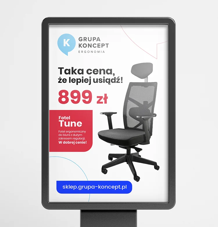 Plakat w gablocie citylight – „Taka cena, że lepiej usiądź!”, fotel ergonomiczny za 899 zł