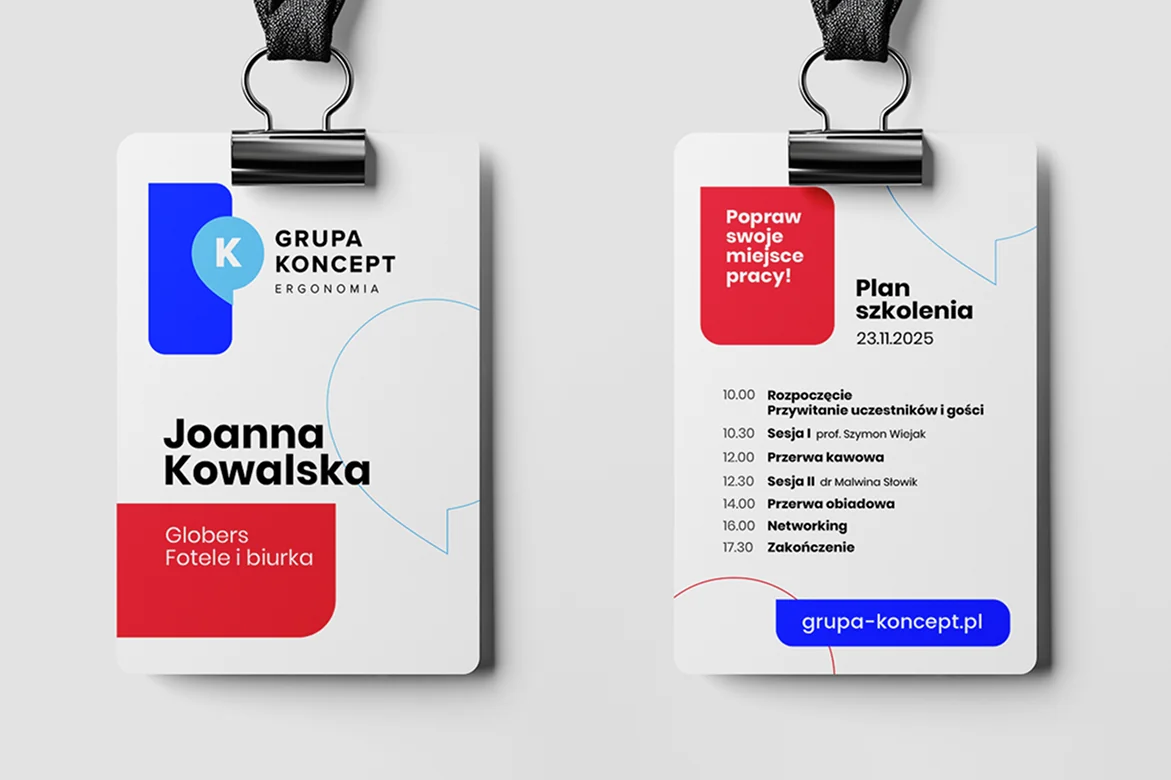 Identyfikatory na szkolenie Grupy Koncept – przód z imieniem i tył z planem dnia