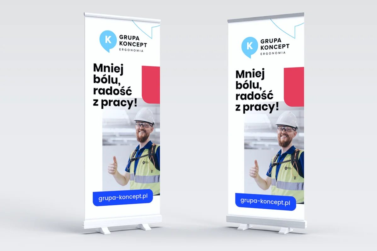 Dwa roll-upy Grupy Koncept z hasłem „Mniej bólu, radość z pracy!”