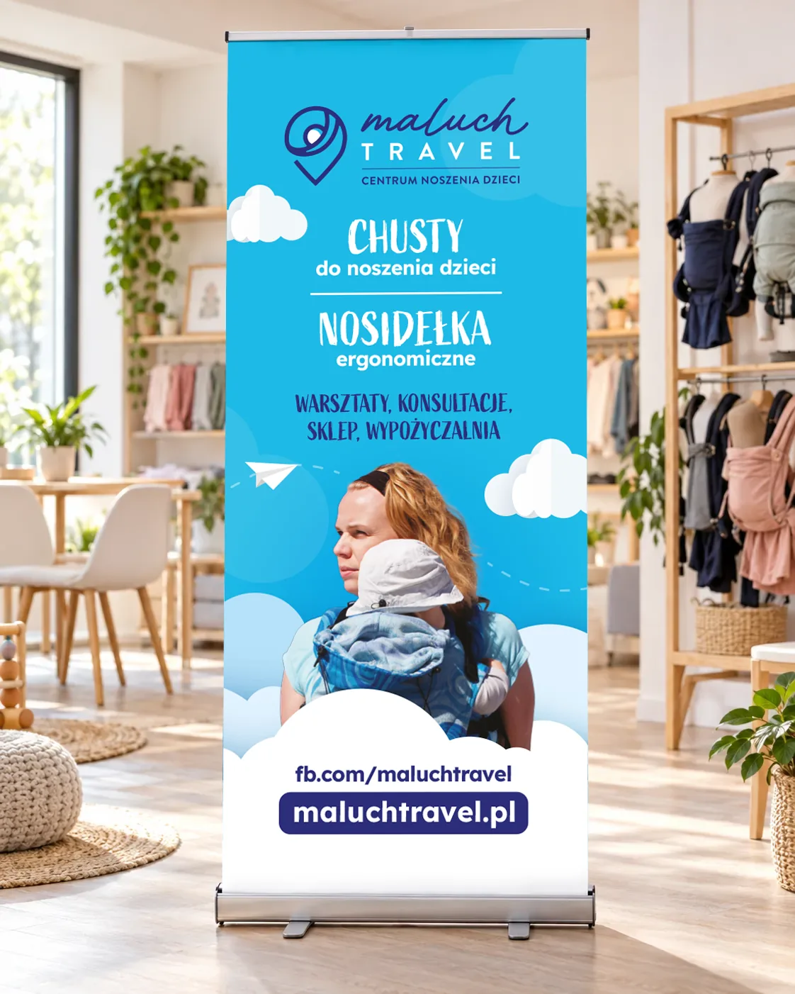 Roll-up Maluch Travel w studiu – chusty, nosidełka, warsztaty, konsultacje, sklep, wypożyczalnia