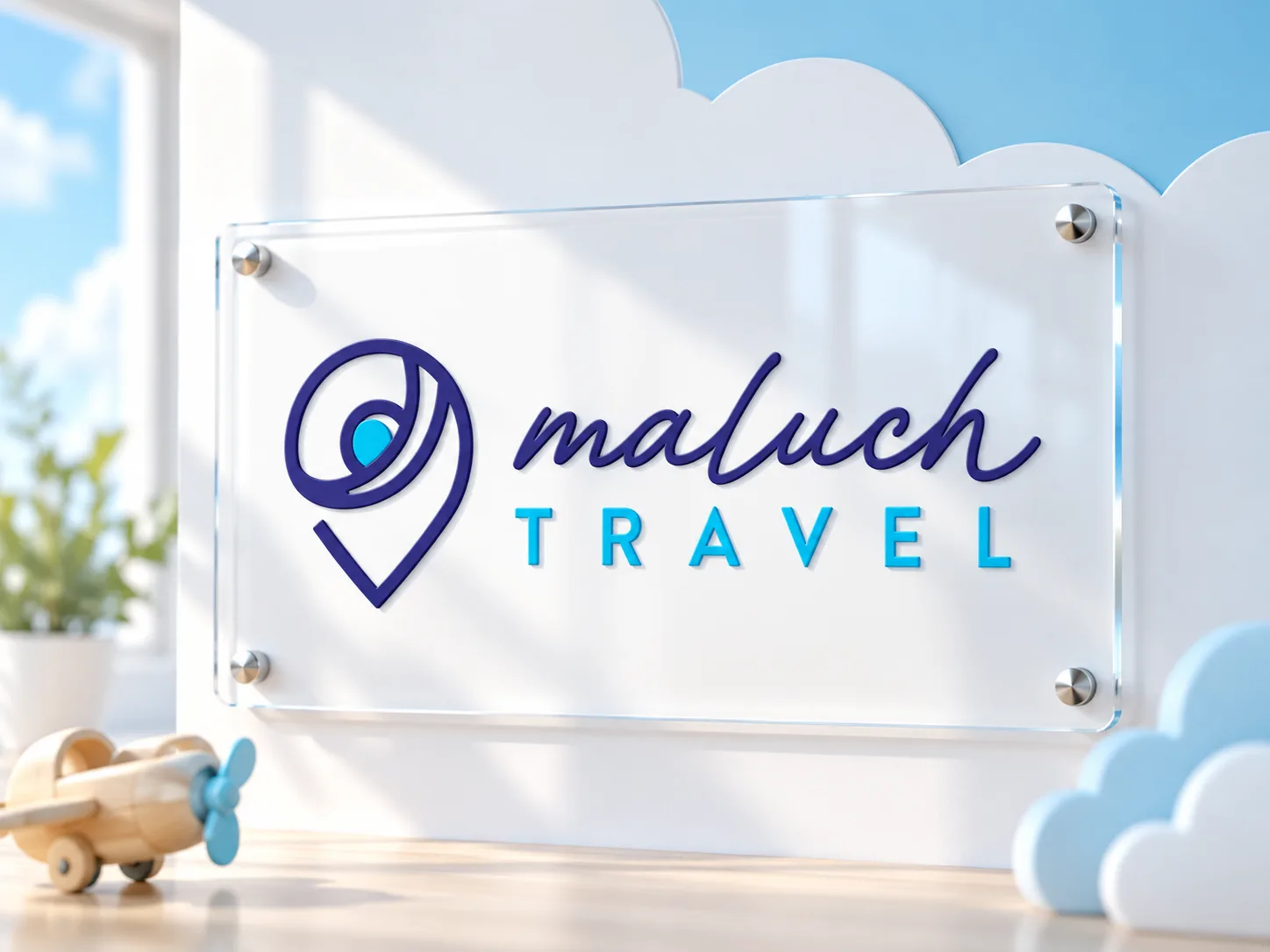 Logo Maluch Travel na akrylowej tablicy, w tle chmury i drewniany samolocik