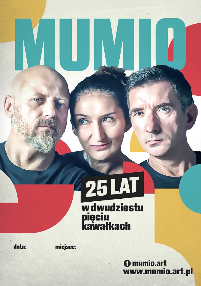 Plakat „25 lat w dwudziestu pięciu kawałkach” – portrety aktorów otoczone kolorowymi formami