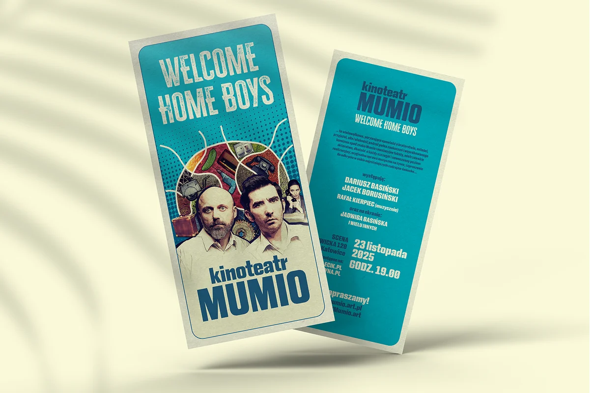 Ulotka „Welcome Home Boys” – przód z plakatem i tył z obsadą i terminem spektaklu