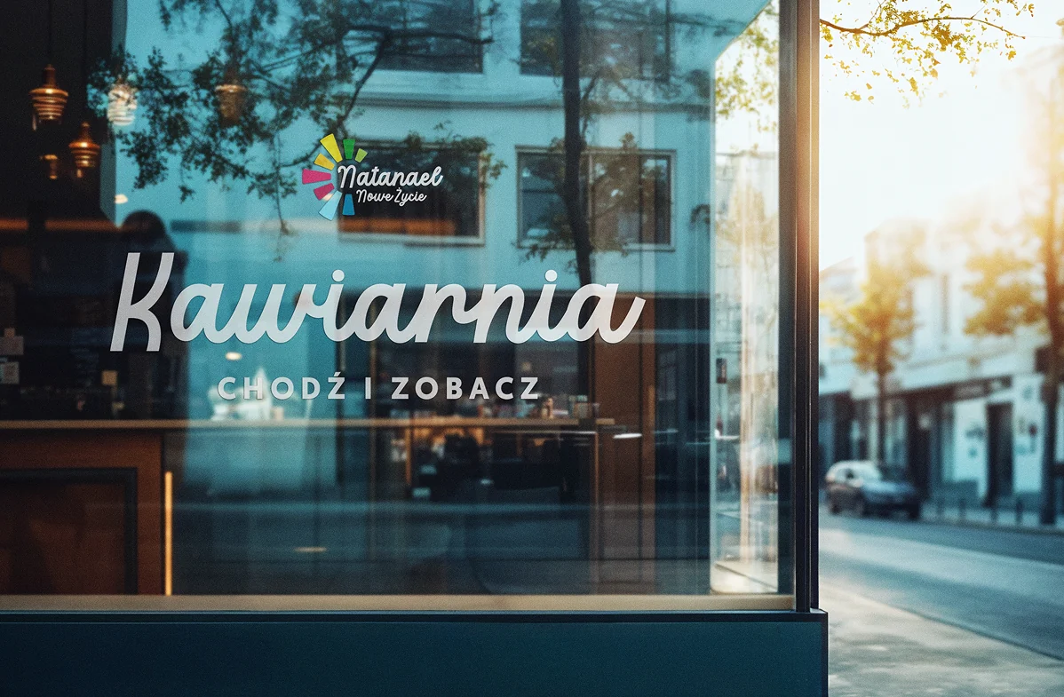Witryna kawiarni z logo fundacji i napisem „Kawiarnia – chodź i zobacz”