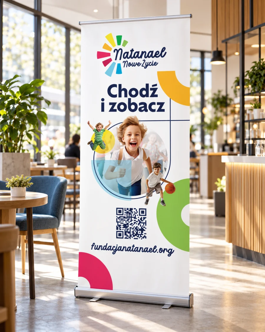 Roll-up „Chodź i zobacz” z kodem QR i adresem fundacjanatanael.org, w kawiarni