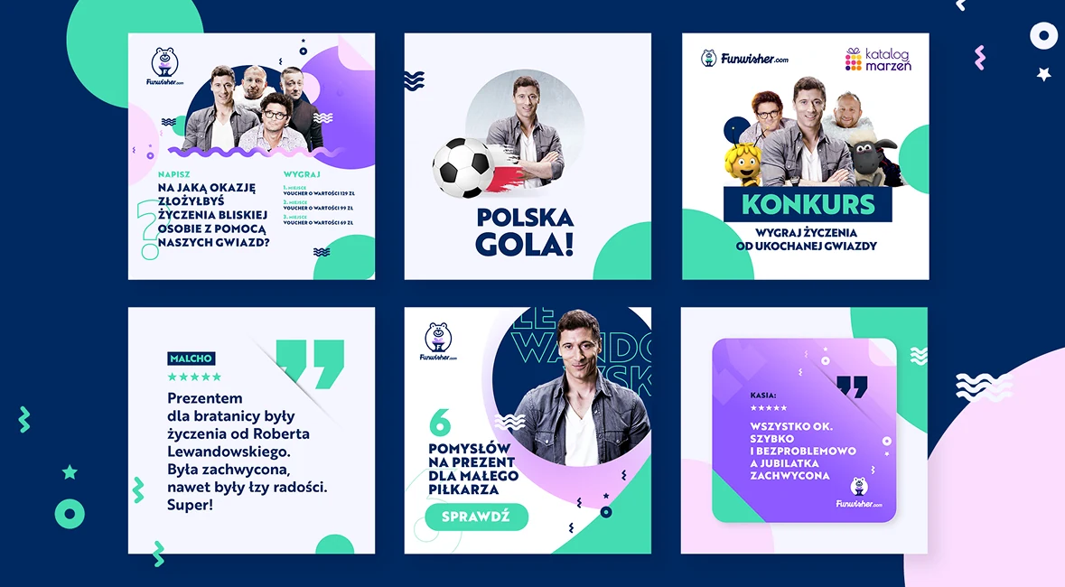Grafiki do social mediów – posty konkursowe i życzenia na granatowym tle