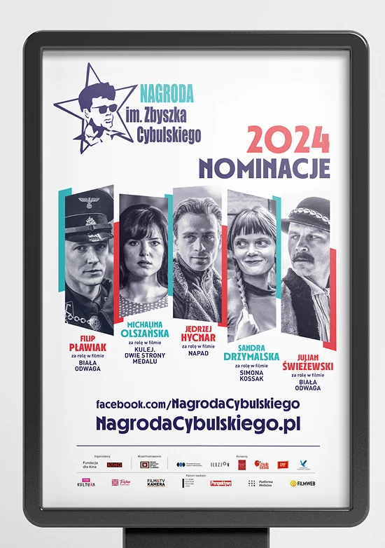 Plakat nominacji do Nagrody im. Zbyszka Cybulskiego 2024 w gablocie citylight