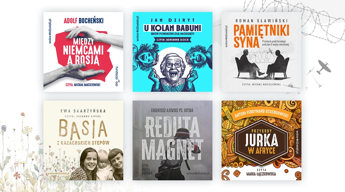 Okładki audiobooków – sześć kwadratowych okładek